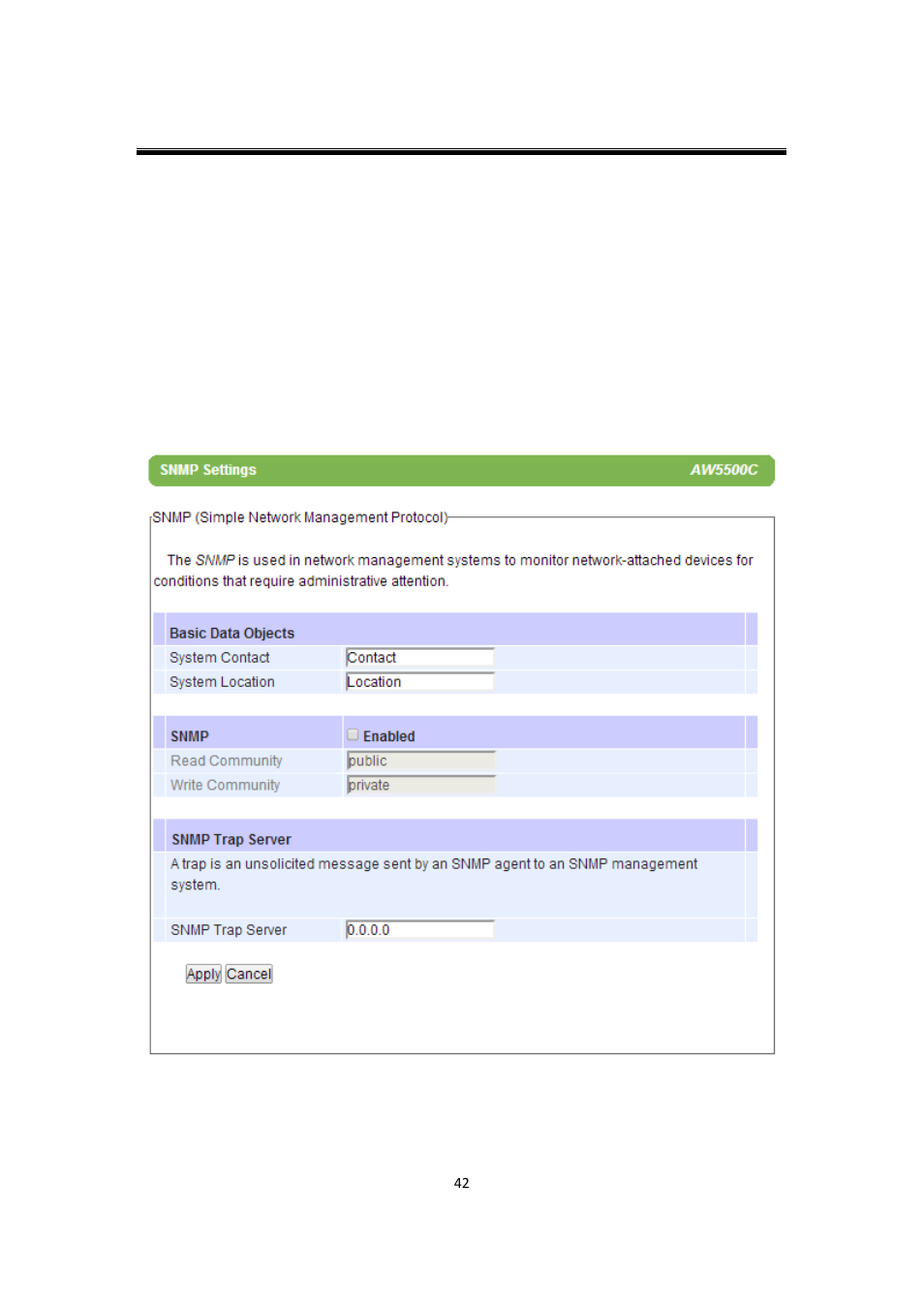 6 snmp settings, Snmp settings | Atop Technology AW5500C User manual User Manual | Page 47 / 104