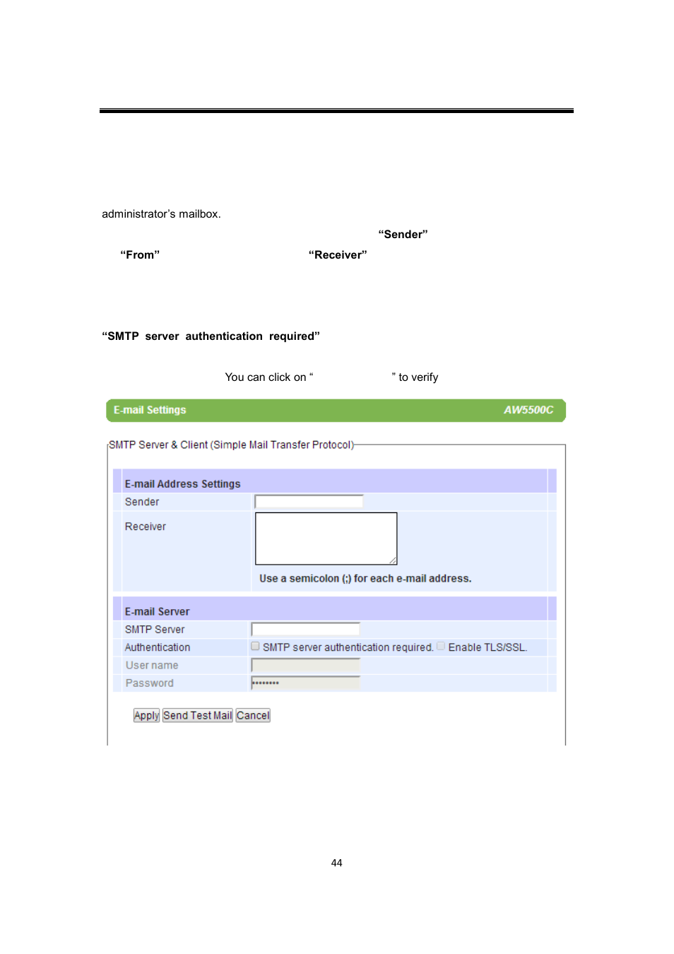 7 email settings, Email settings | Atop Technology AW5500C User manual User Manual | Page 49 / 104