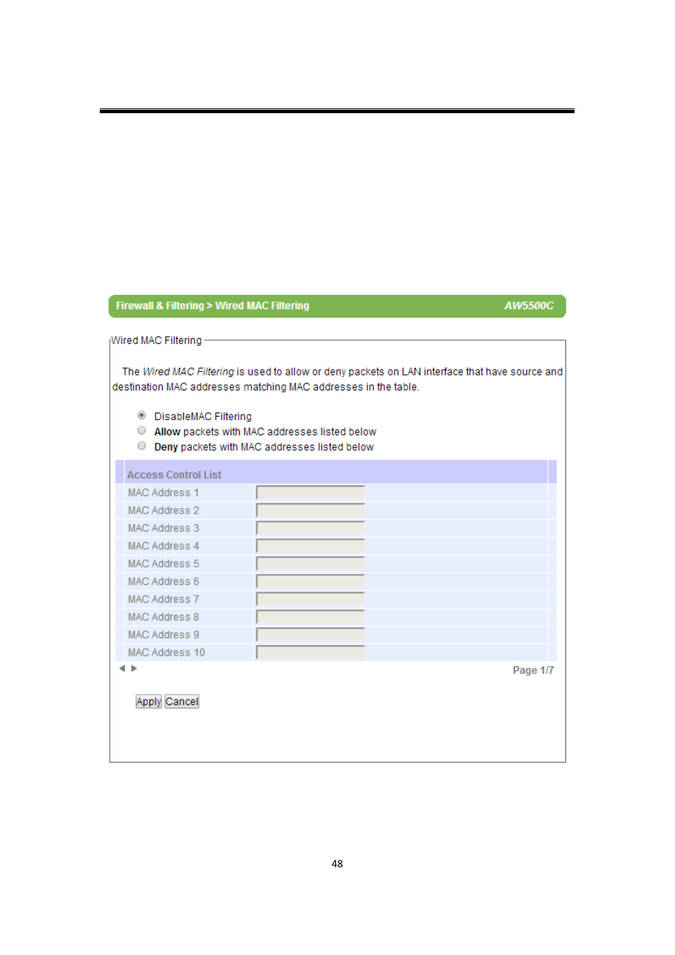 1 wired mac filtering, Wired mac filtering | Atop Technology AW5500C User manual User Manual | Page 53 / 104