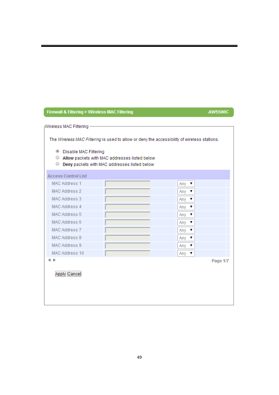 2 wireless mac filtering, Wireless mac filtering | Atop Technology AW5500C User manual User Manual | Page 54 / 104