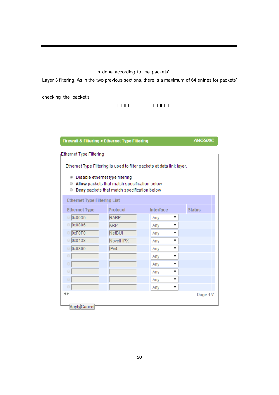 3 ethernet type filtering, Ethernet type filtering | Atop Technology AW5500C User manual User Manual | Page 55 / 104