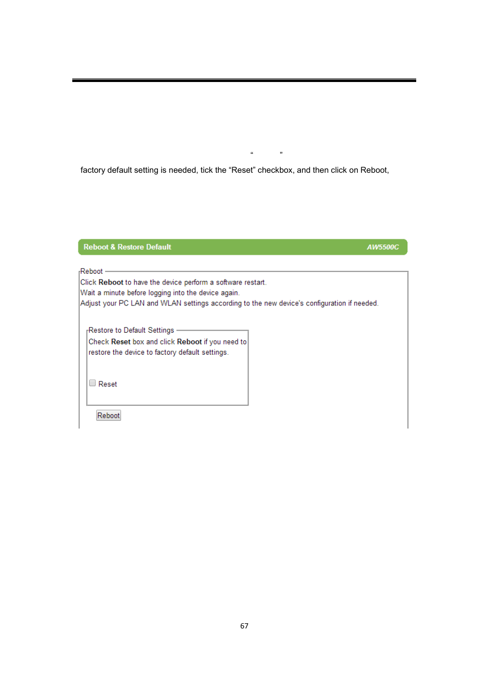 13 reboot and restore default settings, Reboot and restore default settings | Atop Technology AW5500C User manual User Manual | Page 72 / 104