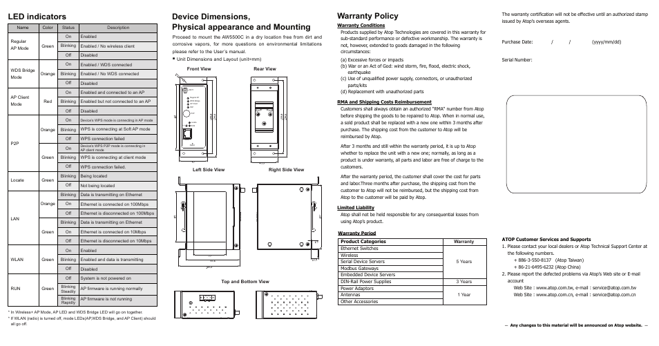 Warranty policy, Led indicators | Atop Technology AW5500C Installation Guide User Manual | Page 2 / 2
