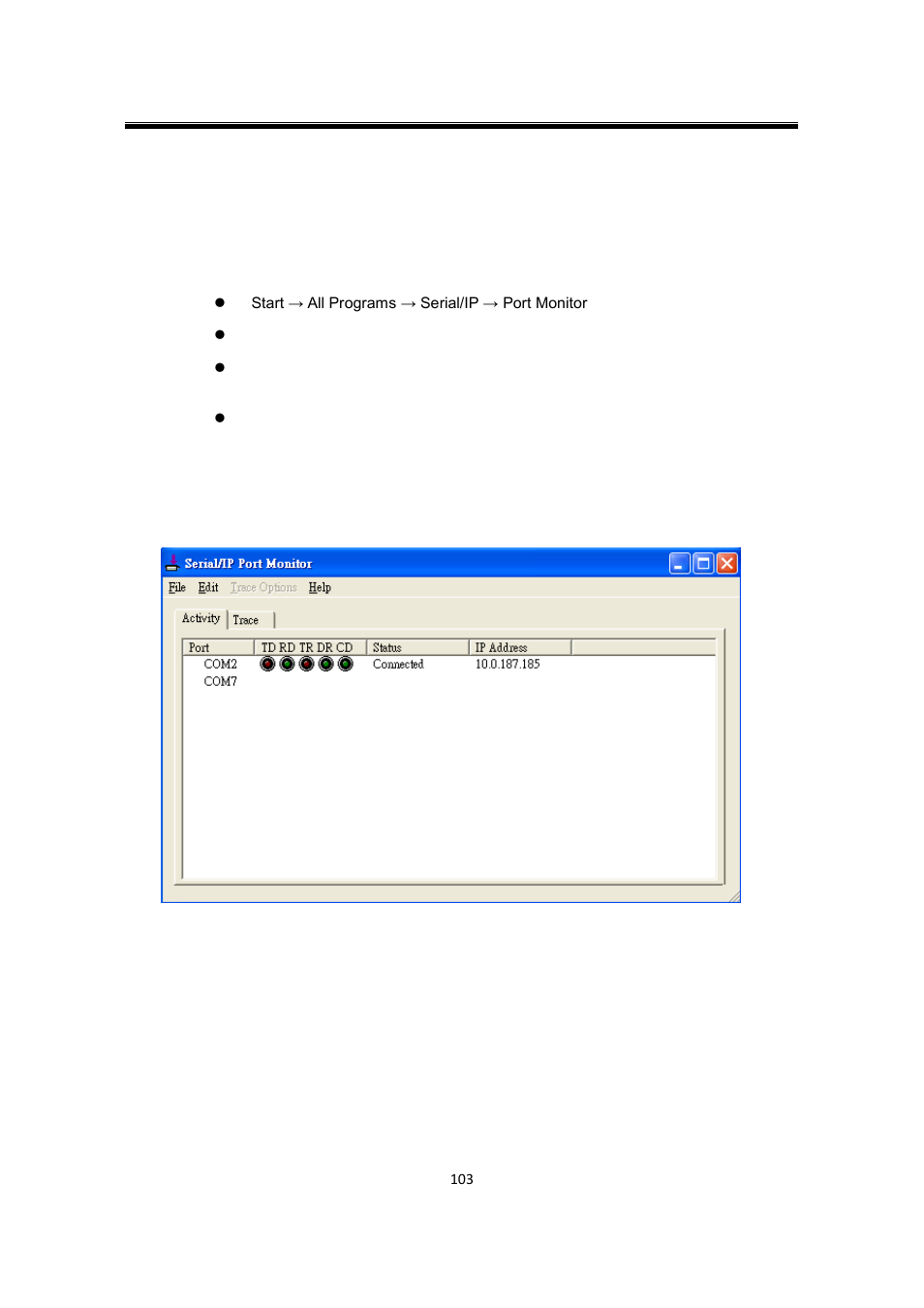 4 using serial/ip port monitor, 1 opening the port monitor, 2 the activity panel | Using serial/ip port monitor, Opening the port monitor, The activity panel | Atop Technology SW550XC User manual User Manual | Page 108 / 124