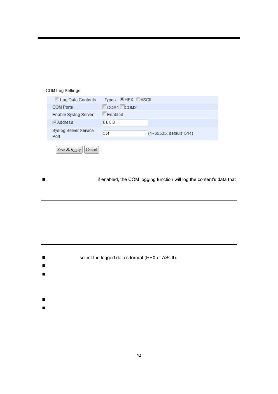 2 com log settings, Com log settings | Atop Technology SW550XC User manual User Manual | Page 47 / 124