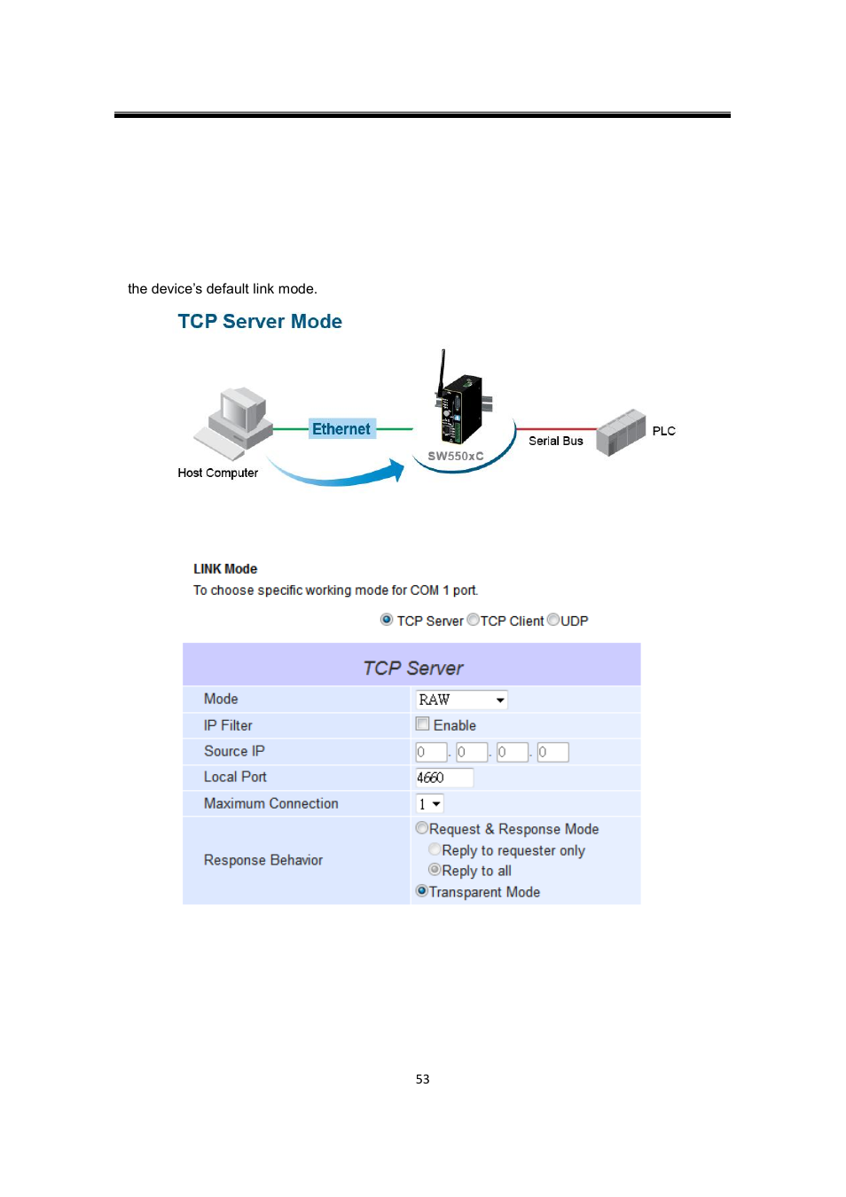 1 link mode: configure sw550xc as a tcp server, Link mode: configure sw550xc as a tcp server | Atop Technology SW550XC User manual User Manual | Page 58 / 124