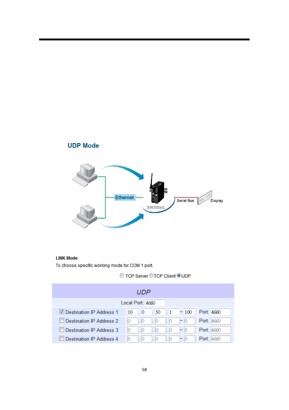 3 link mode: configure sw550xc in udp, Link mode: configure sw550xc in udp | Atop Technology SW550XC User manual User Manual | Page 63 / 124