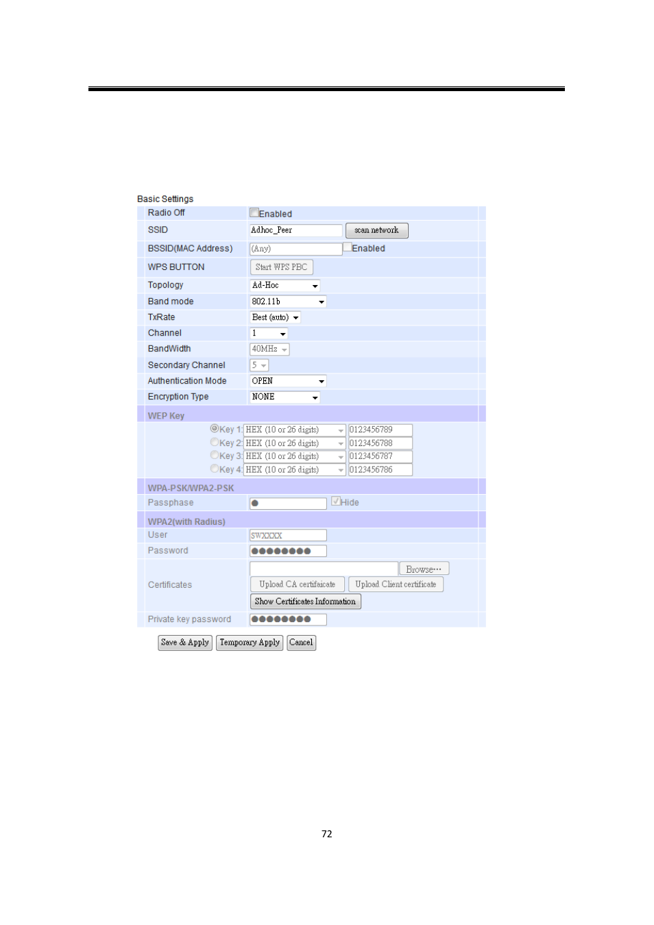 3 wireless topology, 1 configure sw550xc as a wireless ad-hoc peer, Wireless topology | Configure sw550xc as a wireless ad-hoc peer | Atop Technology SW550XC User manual User Manual | Page 77 / 124