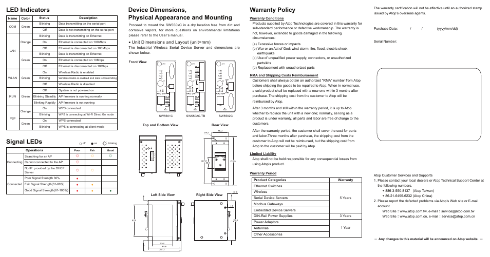 Led indicators, Signal leds, Warranty policy | Unit dimensions and layout (unit=mm) | Atop Technology SW550XC Installation Guide User Manual | Page 2 / 2