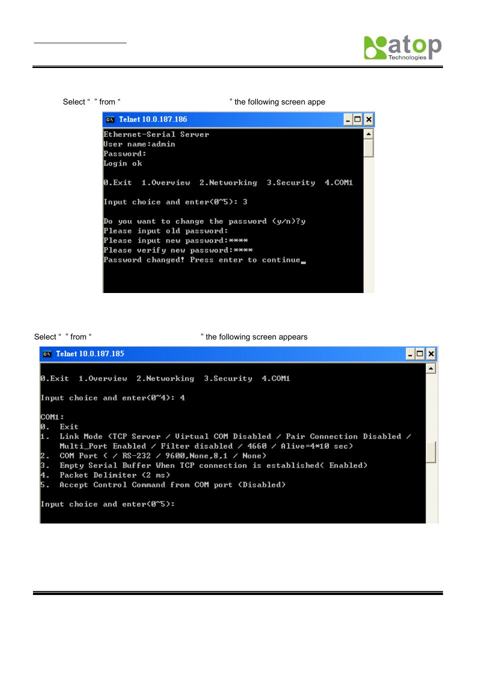 Change the password, Com1 setup | Atop Technology SE5001 Series User Manual | Page 19 / 100