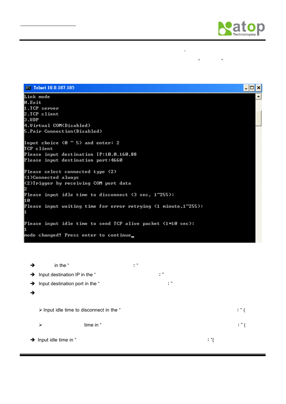 Configure se5001 as tcp client | Atop Technology SE5001 Series User Manual | Page 21 / 100