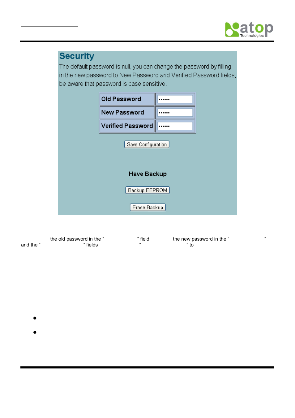 Backup eeprom to flash, Link mode configuration | Atop Technology SE5001 Series User Manual | Page 32 / 100