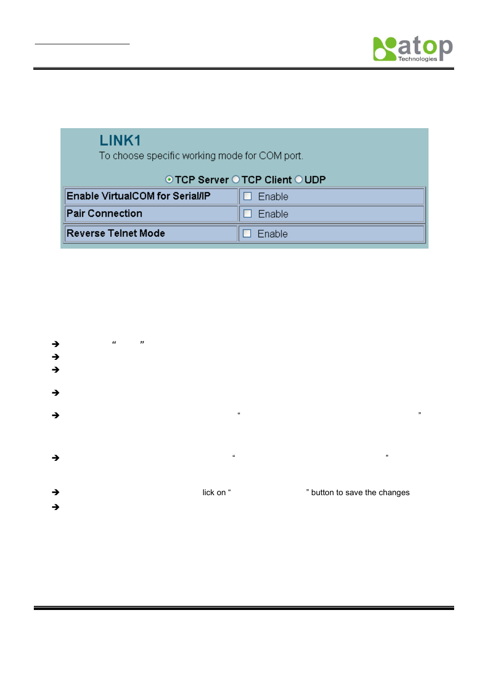 Link mode: configure se5001 as a tcp server | Atop Technology SE5001 Series User Manual | Page 33 / 100