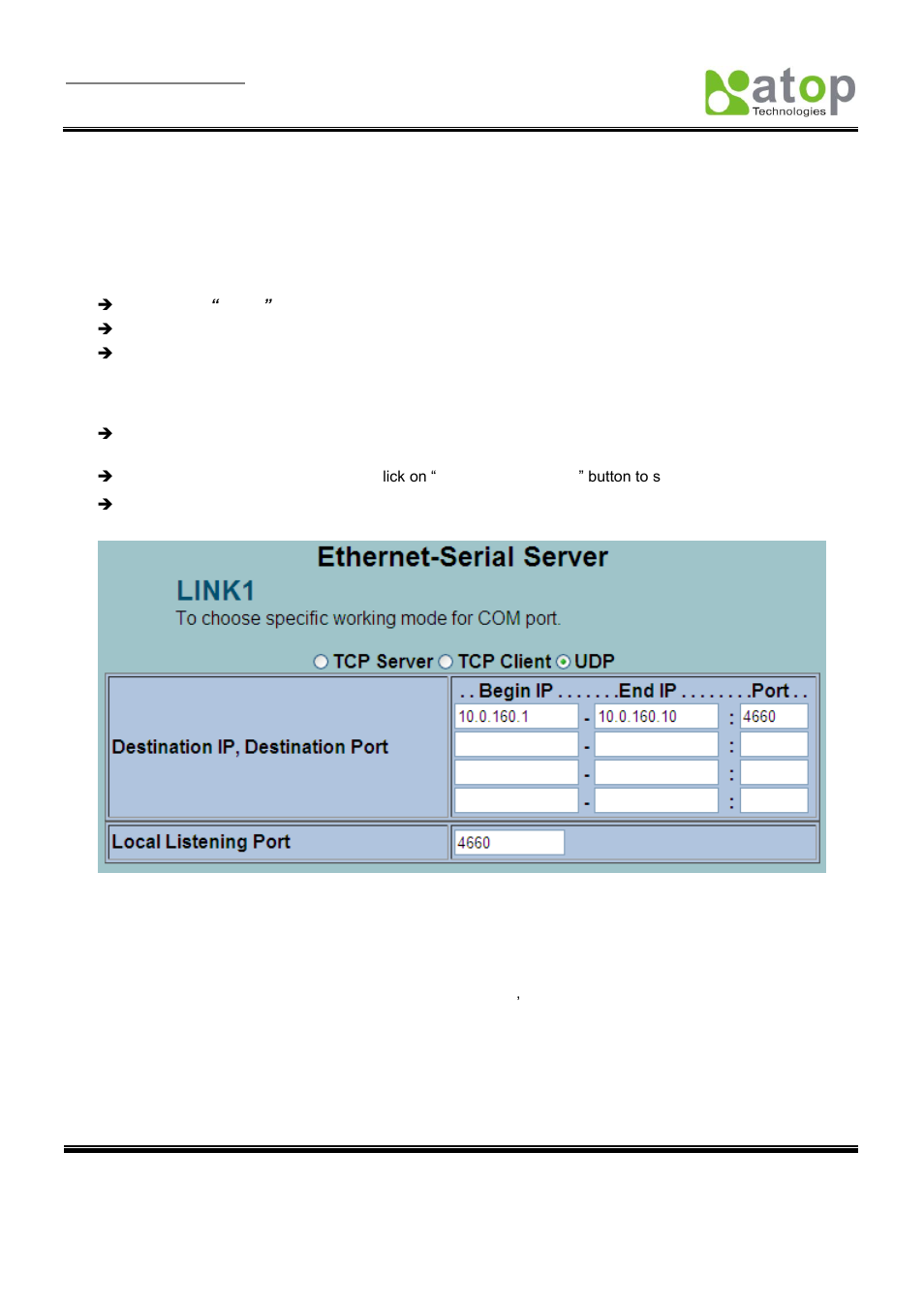 Link mode: configure se5001 in udp, Tcp server application: enable virtual com | Atop Technology SE5001 Series User Manual | Page 36 / 100