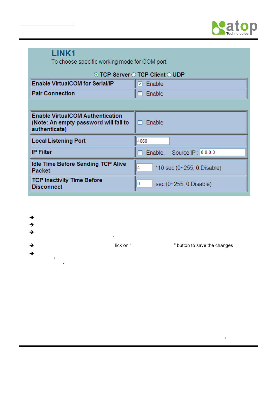 Tcp server application: enable rfc 2217, Tcp client application: enable virtual com, Figure 3.29 | Atop Technology SE5001 Series User Manual | Page 37 / 100