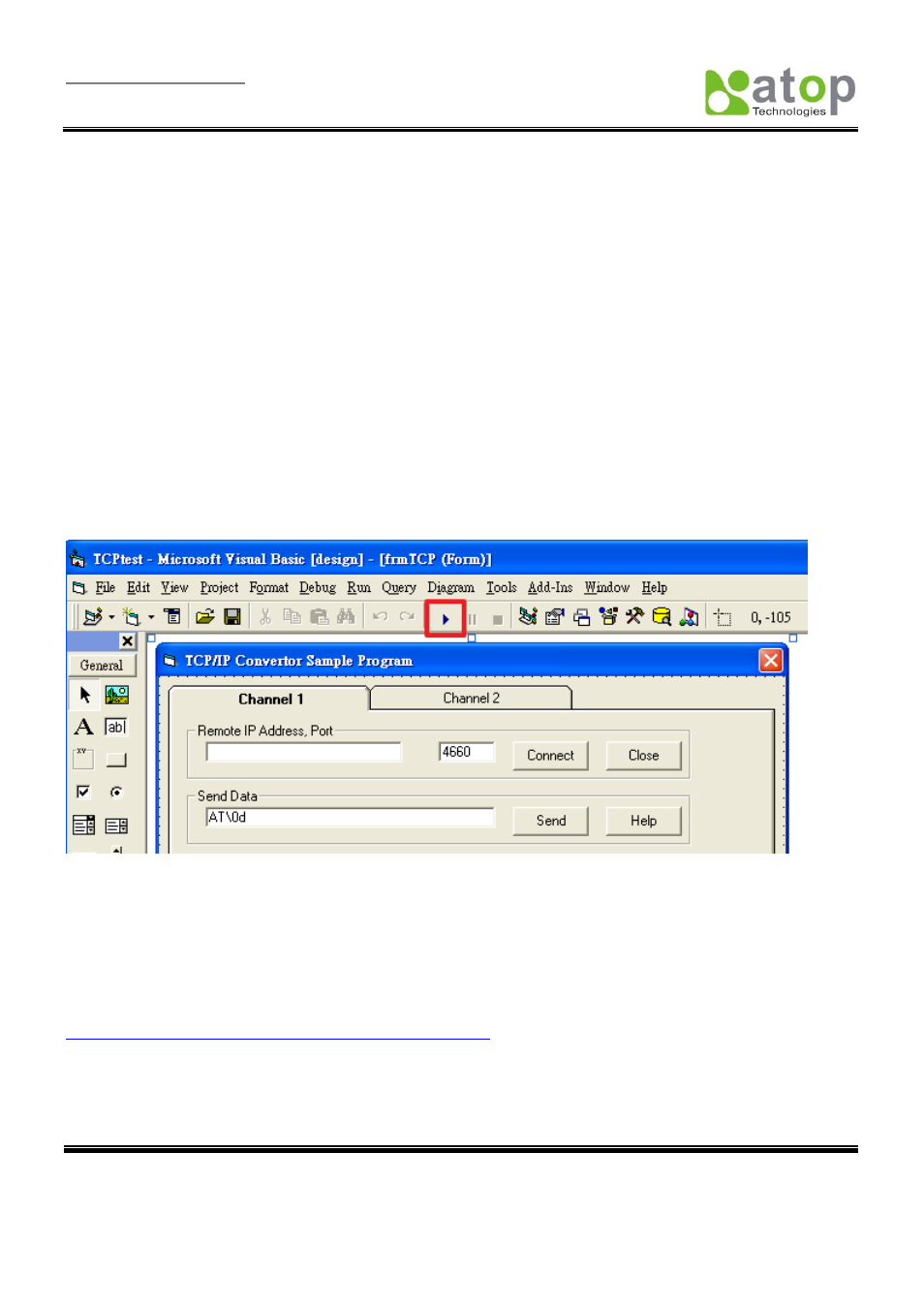 Writing a tcp program, 1 running the sample program, 1 tcptest in microsoft visual basic 6 | Atop Technology SE5001 Series User Manual | Page 65 / 100