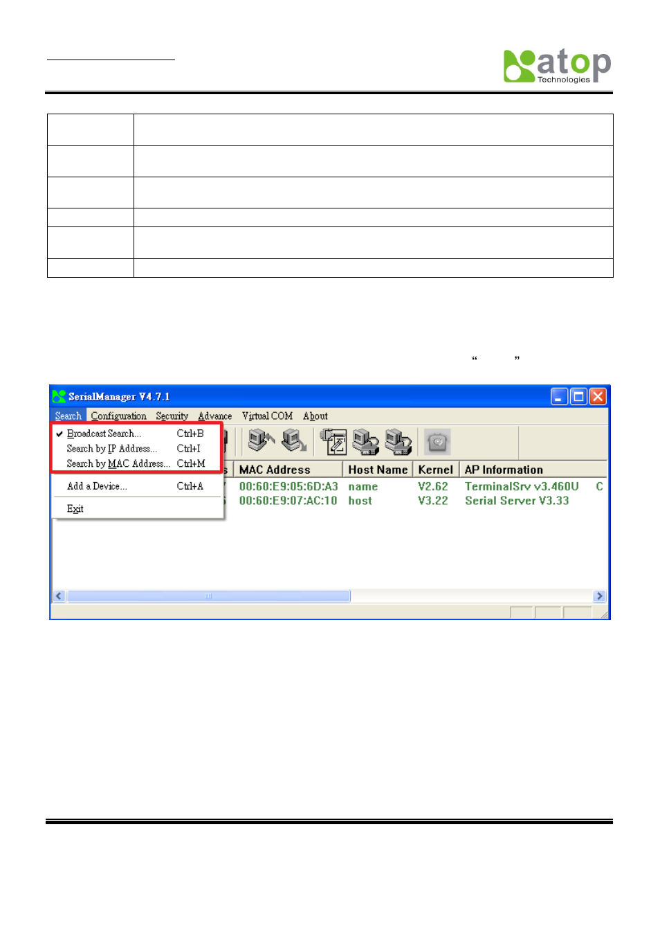 Functions, D.3.1, Device search | D.3 functions | Atop Technology SE5001 Series User Manual | Page 82 / 100