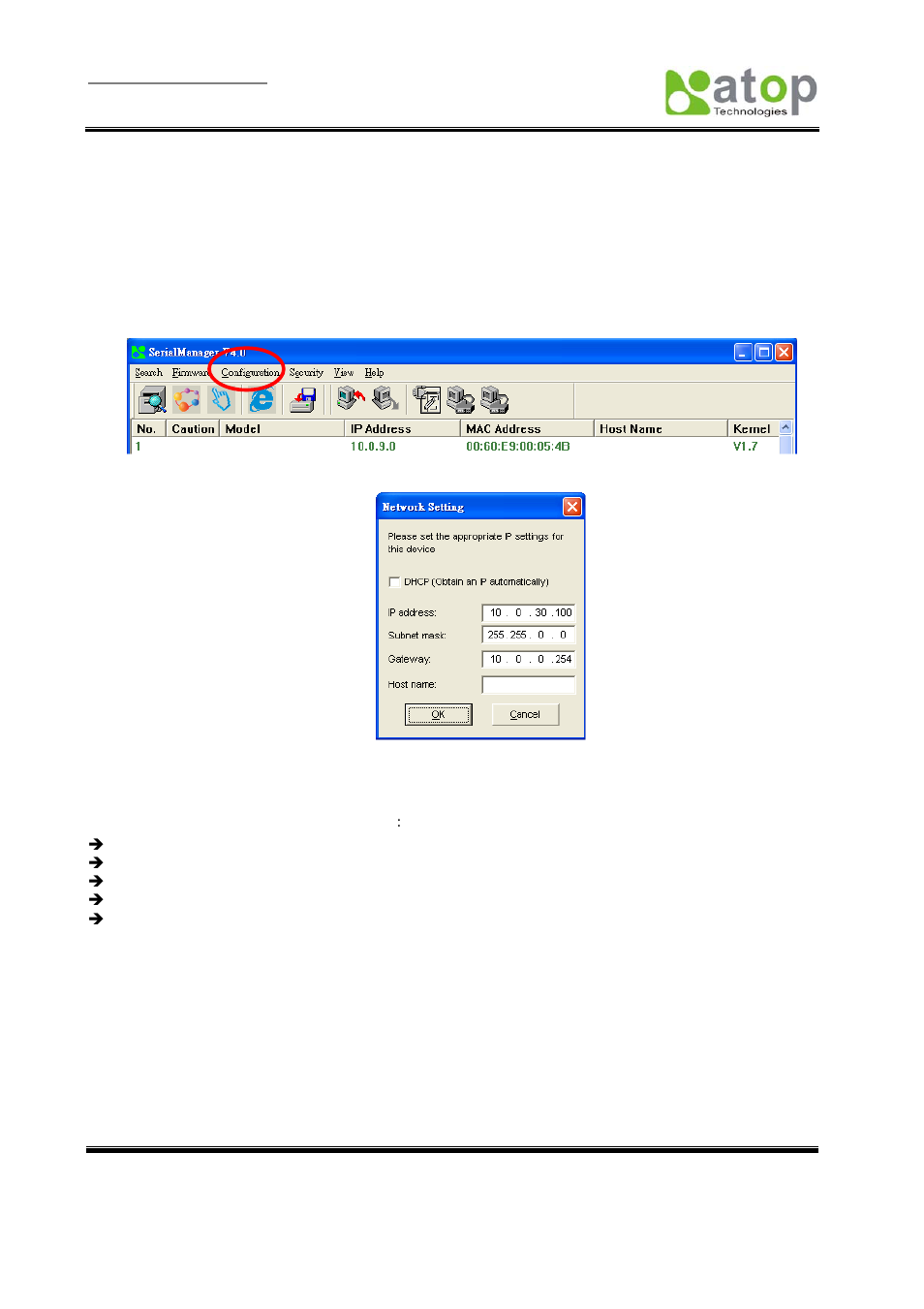 Configuration by serialmanager, Configuring the static ip with serialmanager, Static ip dialog window | Fig. 6, Fig. 7, 1 configuration by serialmanager | Atop Technology SE5002 User manual User Manual | Page 12 / 60