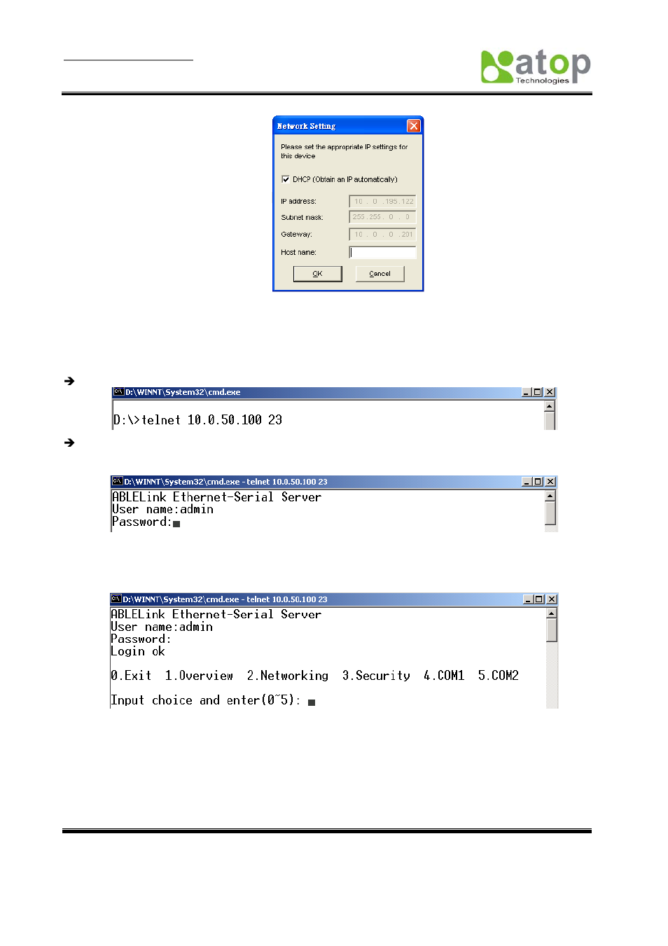 Serialmanager auto ip dialog window, Configuration by telnet utility, Telnet to the system | System main menu, Fig. 8, 2 configuration, Telnet, Utility, Fig. 9, Fig. 10 | Atop Technology SE5002 User manual User Manual | Page 13 / 60