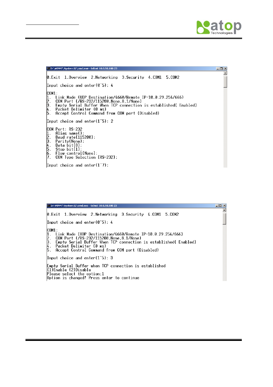 Com port setting, Com port-enabling serial data buffer, Fig. 18 | Fig. 19 | Atop Technology SE5002 User manual User Manual | Page 19 / 60