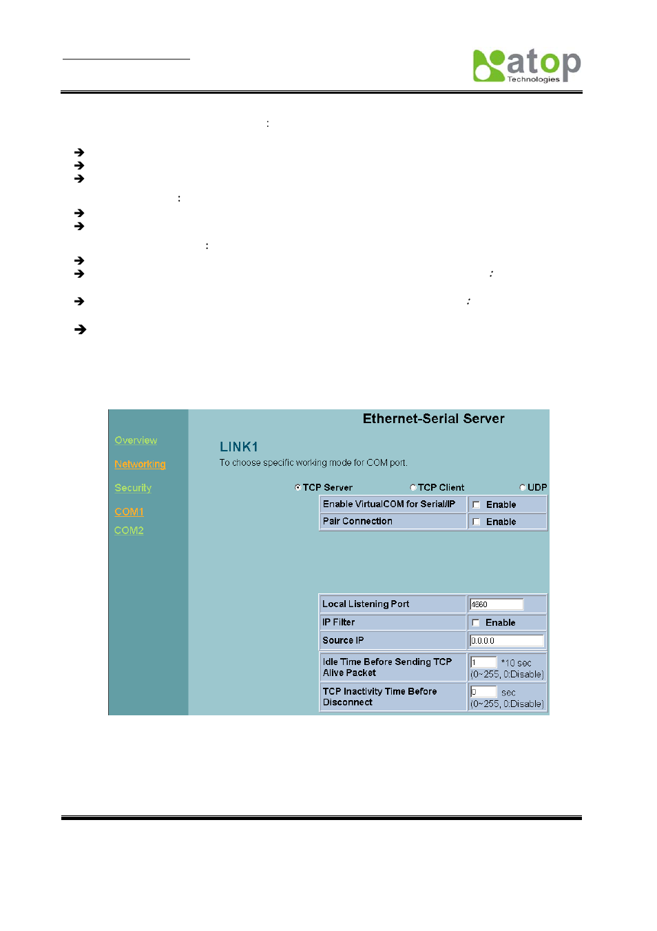 4 configuring se5002 as tcp server | Atop Technology SE5002 User manual User Manual | Page 23 / 60