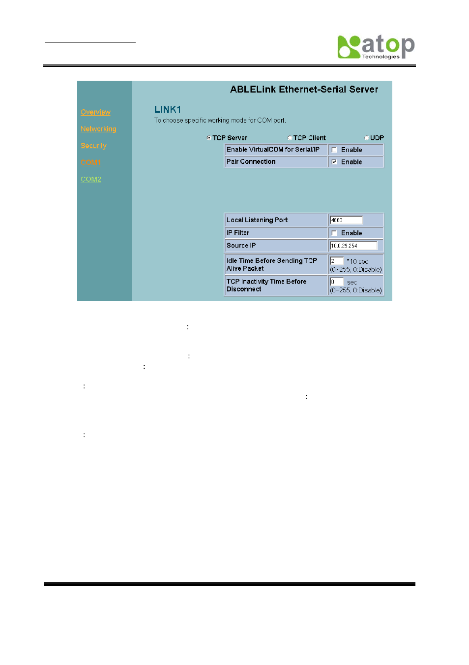 Com1 setup –pair connection, 7 configuring se5002 in udp mode, Fig. 28 | Atop Technology SE5002 User manual User Manual | Page 26 / 60