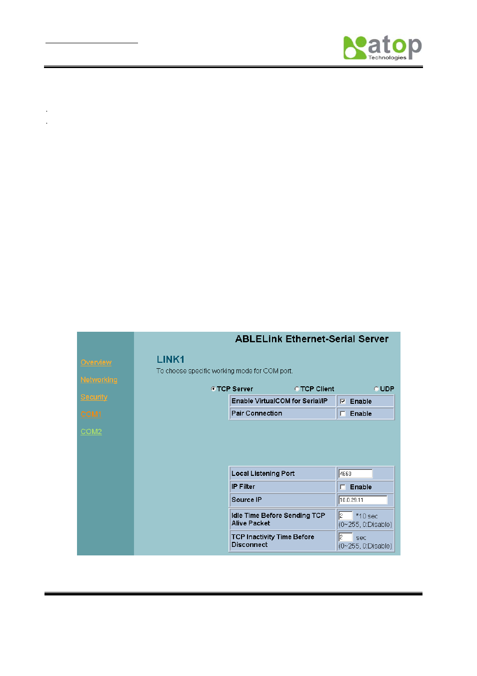 1 setup of a virtual com driver, Pc requirements, 2 cautions on use | 3 limitation, 4 installation, 5 uninstalling, 2 virtual com communications, 1 enabling virtual com on se5002, Enabling virtual com port, 1 pc | Atop Technology SE5002 User manual User Manual | Page 30 / 60