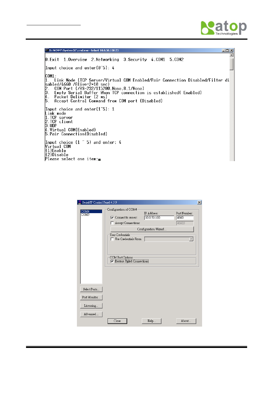 Enabling virtual com port via telnet, 2 running serial/ip on pc, Serial/ip for atop control panel | Fig. 37, Fig. 38 | Atop Technology SE5002 User manual User Manual | Page 31 / 60