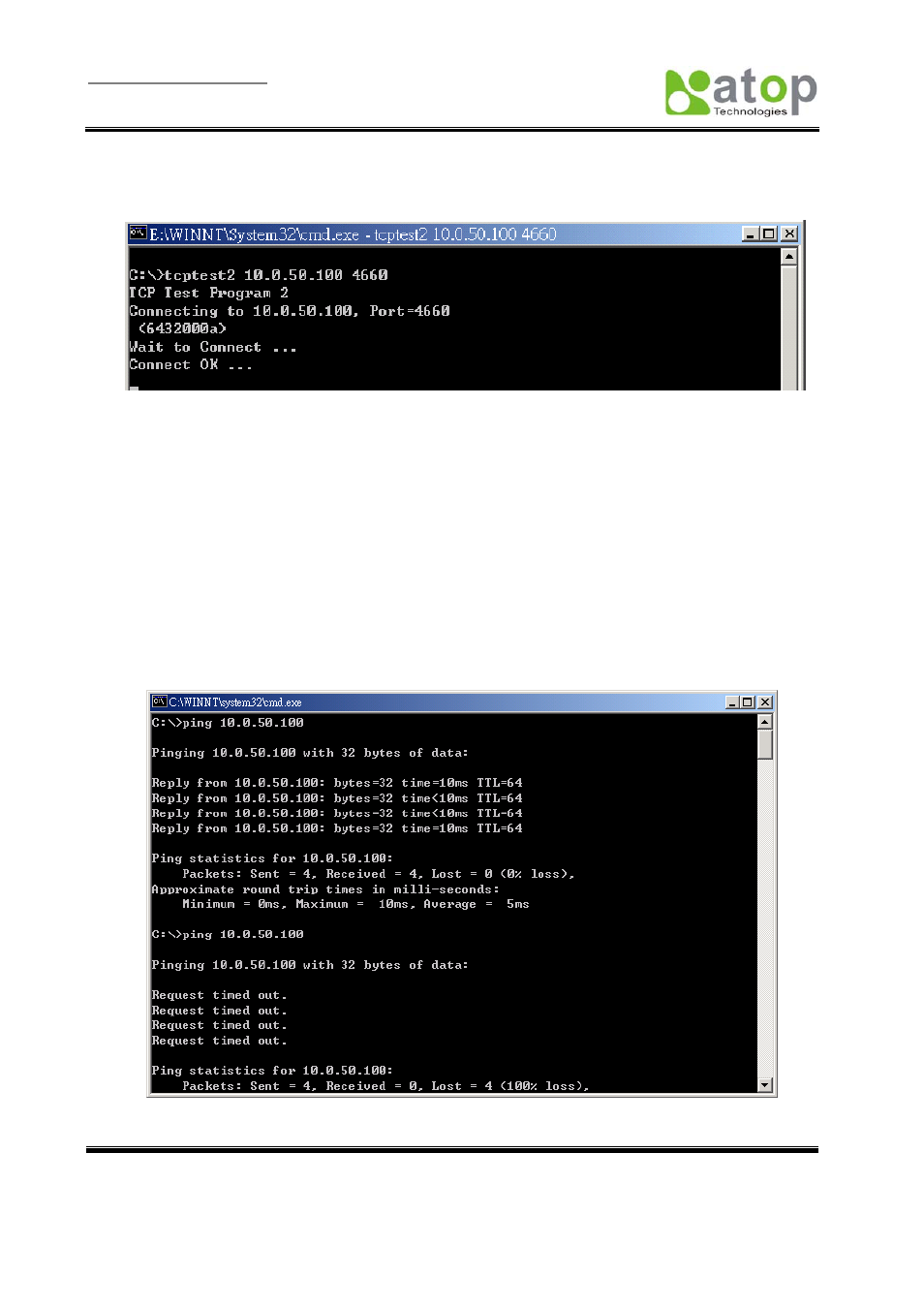 2 tcptest2 in visual c, Tcptest2 ip_address port_number, Diagnostics | 1 using standard tcp/ip utility ping command, 7 diagnostics | Atop Technology SE5002 User manual User Manual | Page 36 / 60