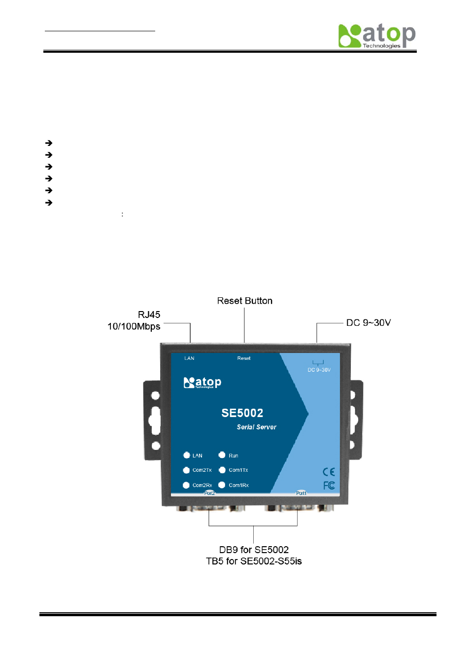 Packaging, Hardware description, Fig 1. se5002 interfaces | 2 hardware description | Atop Technology SE5002 Installation Guide User Manual | Page 2 / 4