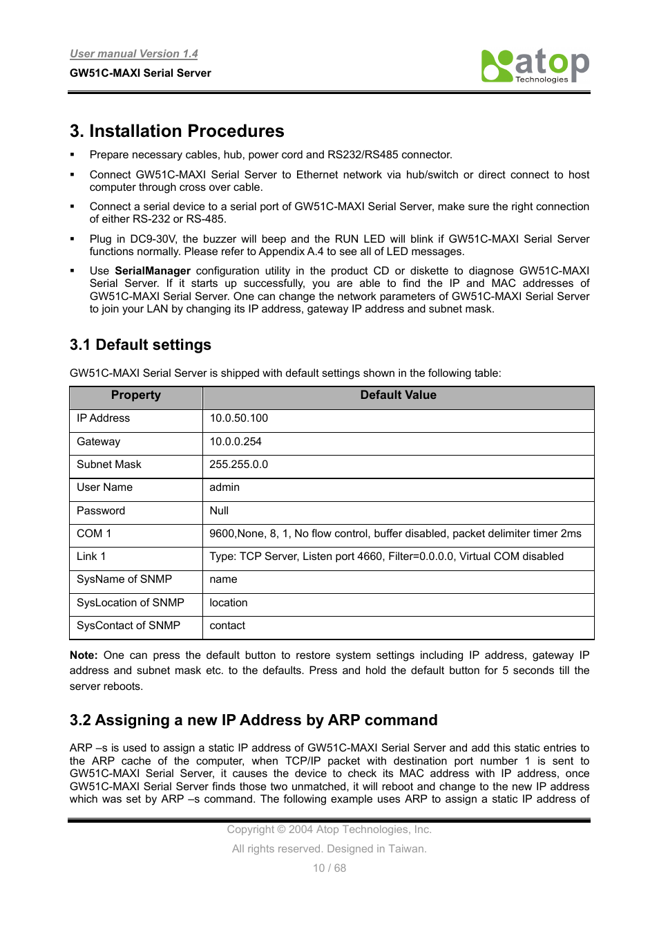 Installation procedures, 1 default settings, 2 assigning a new ip address by arp command | Atop Technology GW51C-MAXI-WDT User manual User Manual | Page 11 / 68