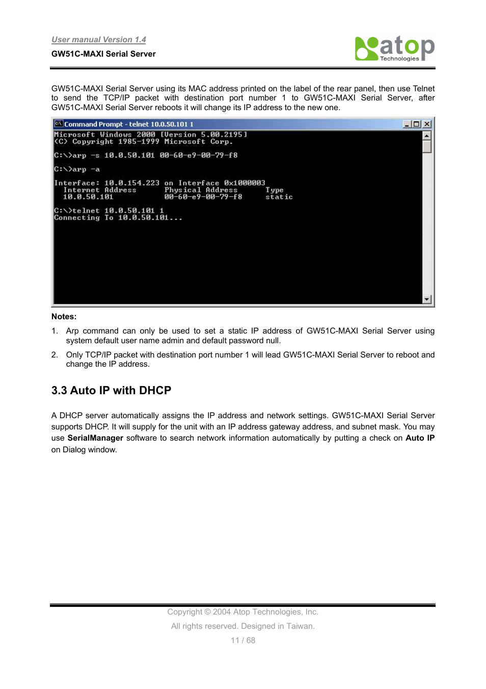 3 auto ip with dhcp | Atop Technology GW51C-MAXI-WDT User manual User Manual | Page 12 / 68