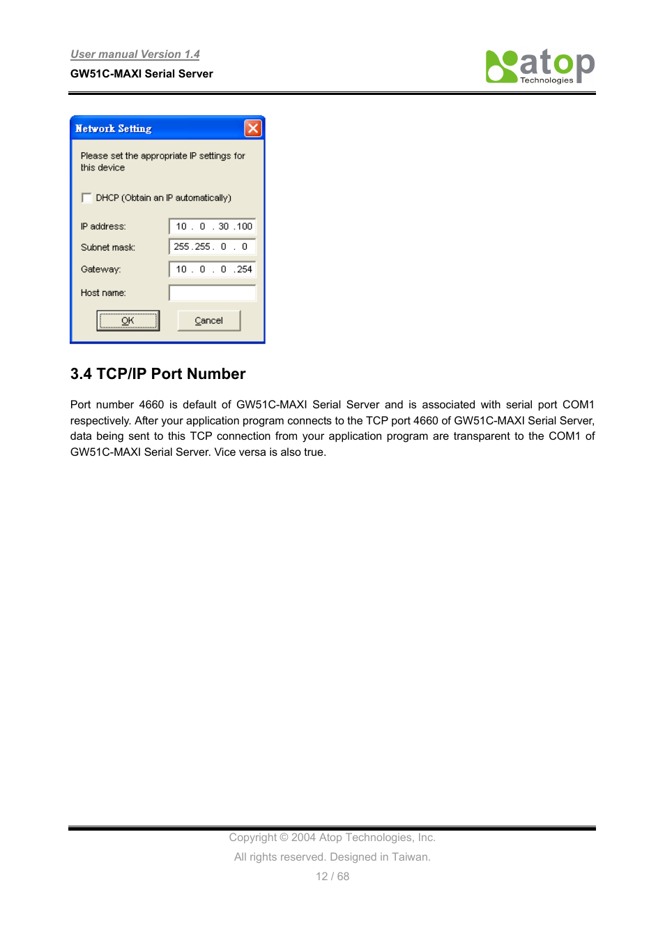 4 tcp/ip port number | Atop Technology GW51C-MAXI-WDT User manual User Manual | Page 13 / 68