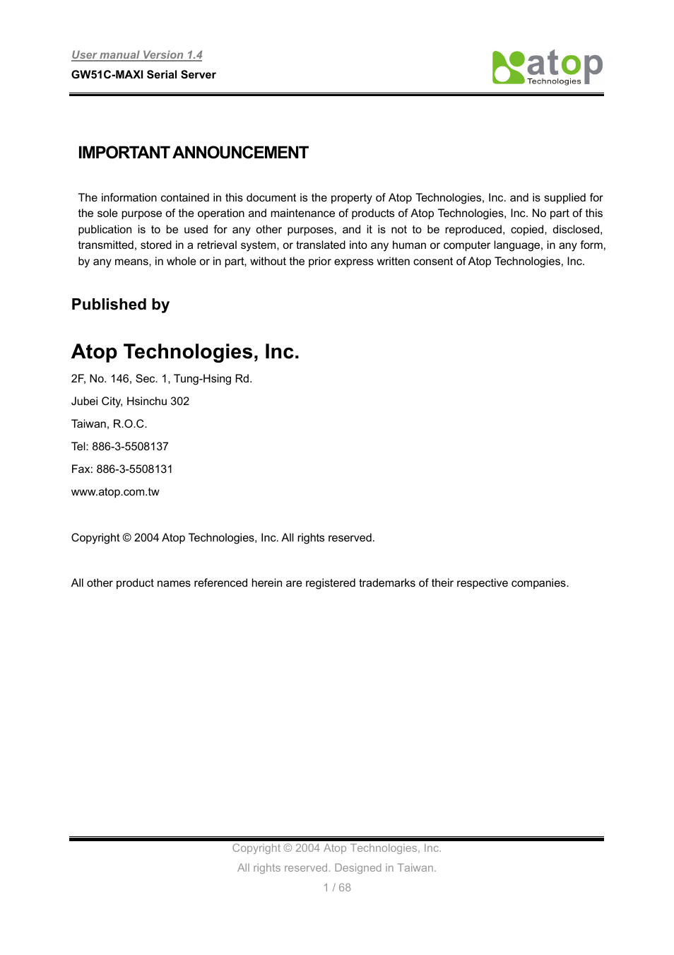 Atop technologies, inc, Important announcement, Published by | Atop Technology GW51C-MAXI-WDT User manual User Manual | Page 2 / 68