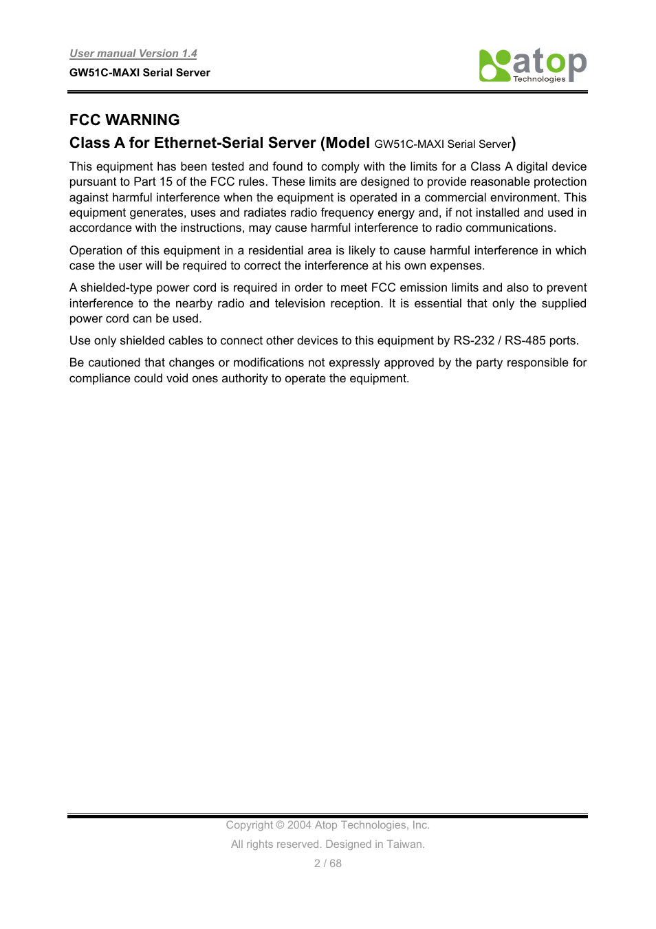 Fcc warning, Class a for ethernet-serial server (model | Atop Technology GW51C-MAXI-WDT User manual User Manual | Page 3 / 68