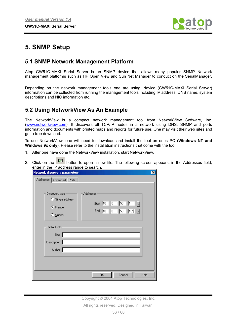 Snmp setup, 1 snmp network management platform, 2 using networkview as an example | Atop Technology GW51C-MAXI-WDT User manual User Manual | Page 37 / 68