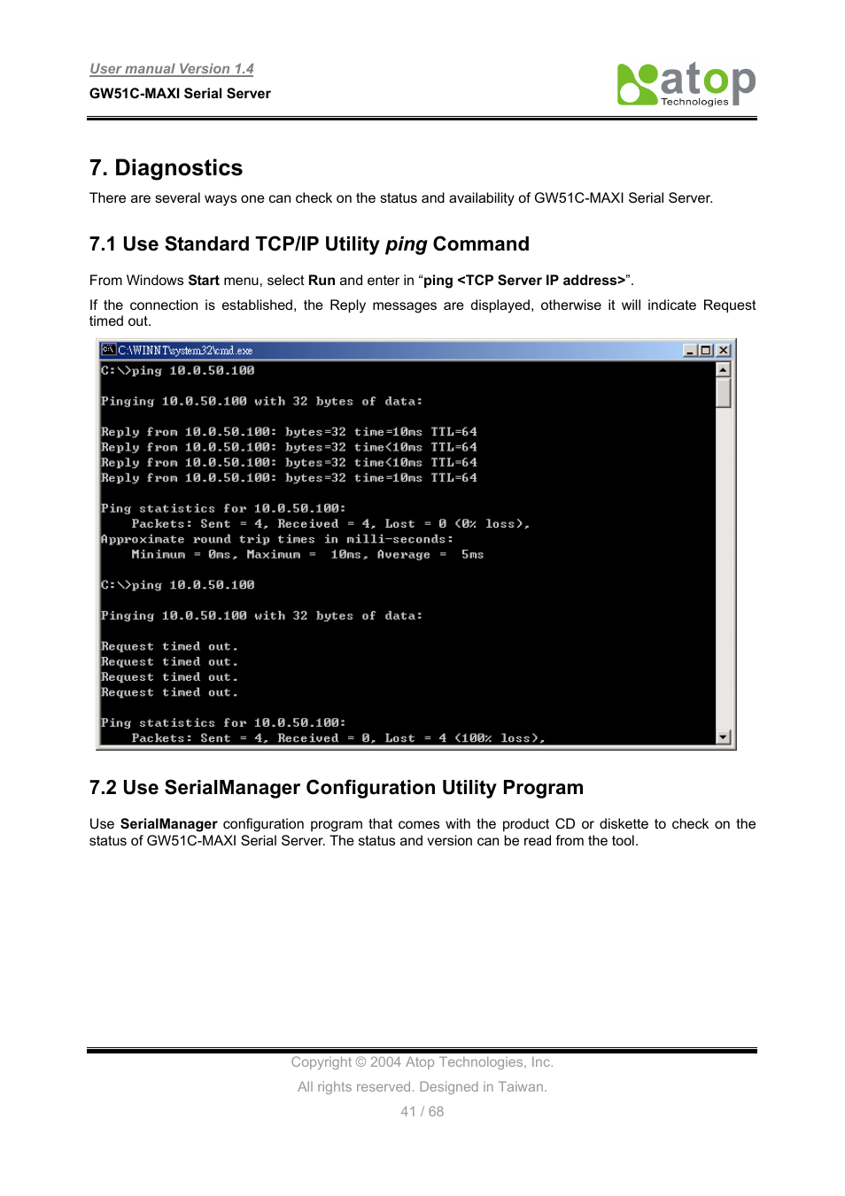 Diagnostics, 1 use standard tcp/ip utility ping command, 2 use serialmanager configuration utility program | Atop Technology GW51C-MAXI-WDT User manual User Manual | Page 42 / 68