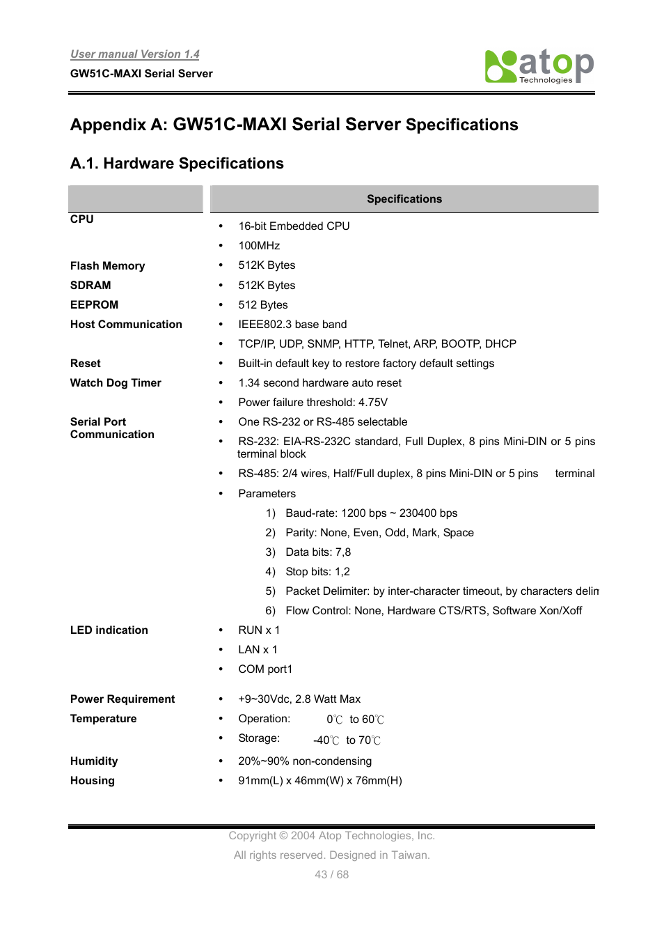 Gw51c-maxi serial server, Appendix a, Specifications | A.1. hardware specifications | Atop Technology GW51C-MAXI-WDT User manual User Manual | Page 44 / 68