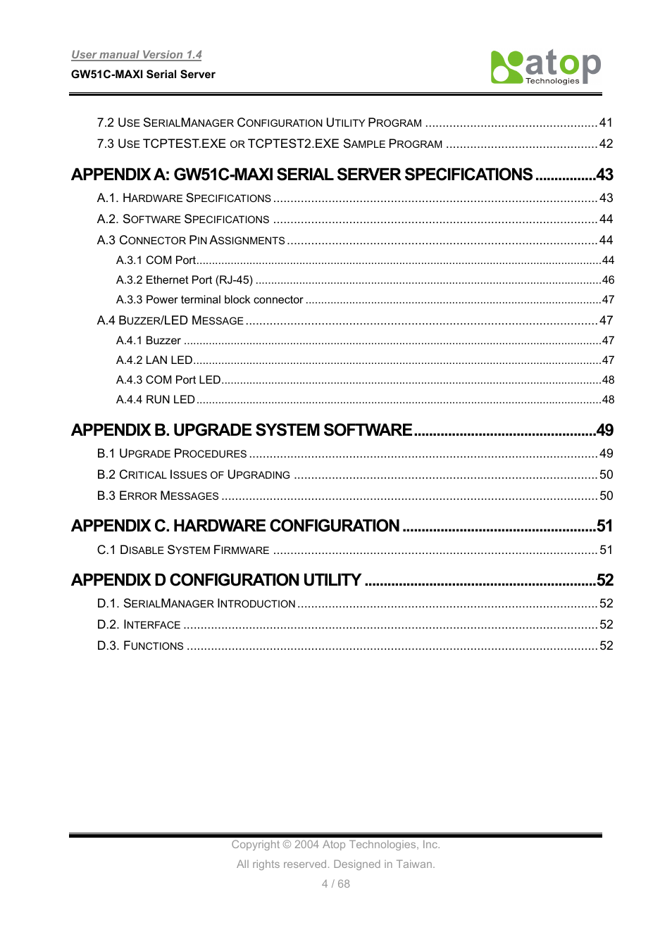 Appendix b. upgrade system software, Appendix c. hardware configuration, Appendix d configuration utility | Atop Technology GW51C-MAXI-WDT User manual User Manual | Page 5 / 68