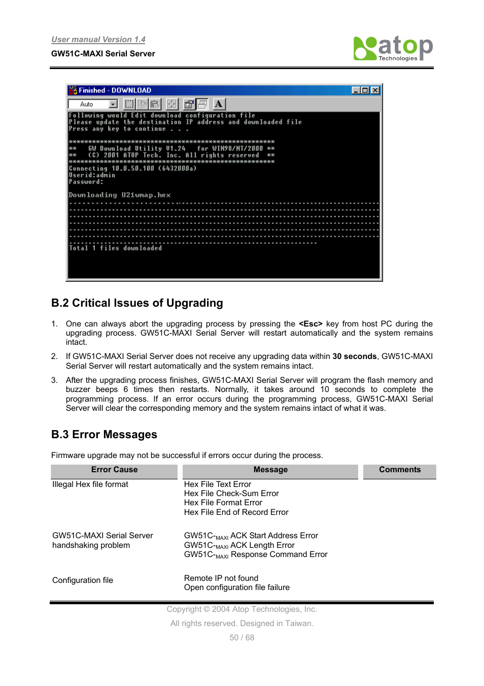 B.2 critical issues of upgrading, B.3 error messages | Atop Technology GW51C-MAXI-WDT User manual User Manual | Page 51 / 68