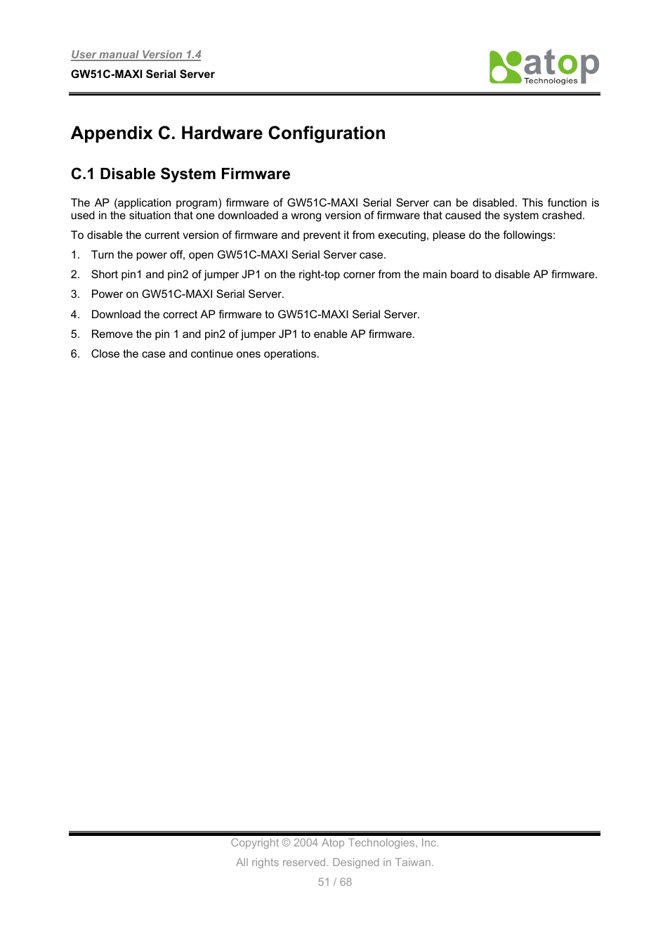 Appendix c. hardware configuration, C.1 disable system firmware | Atop Technology GW51C-MAXI-WDT User manual User Manual | Page 52 / 68