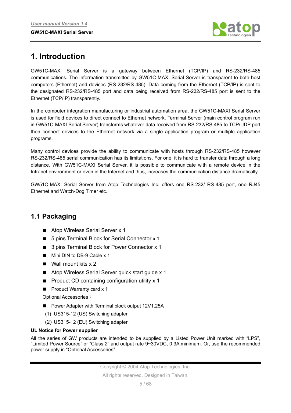 Introduction, 1 packaging | Atop Technology GW51C-MAXI-WDT User manual User Manual | Page 6 / 68