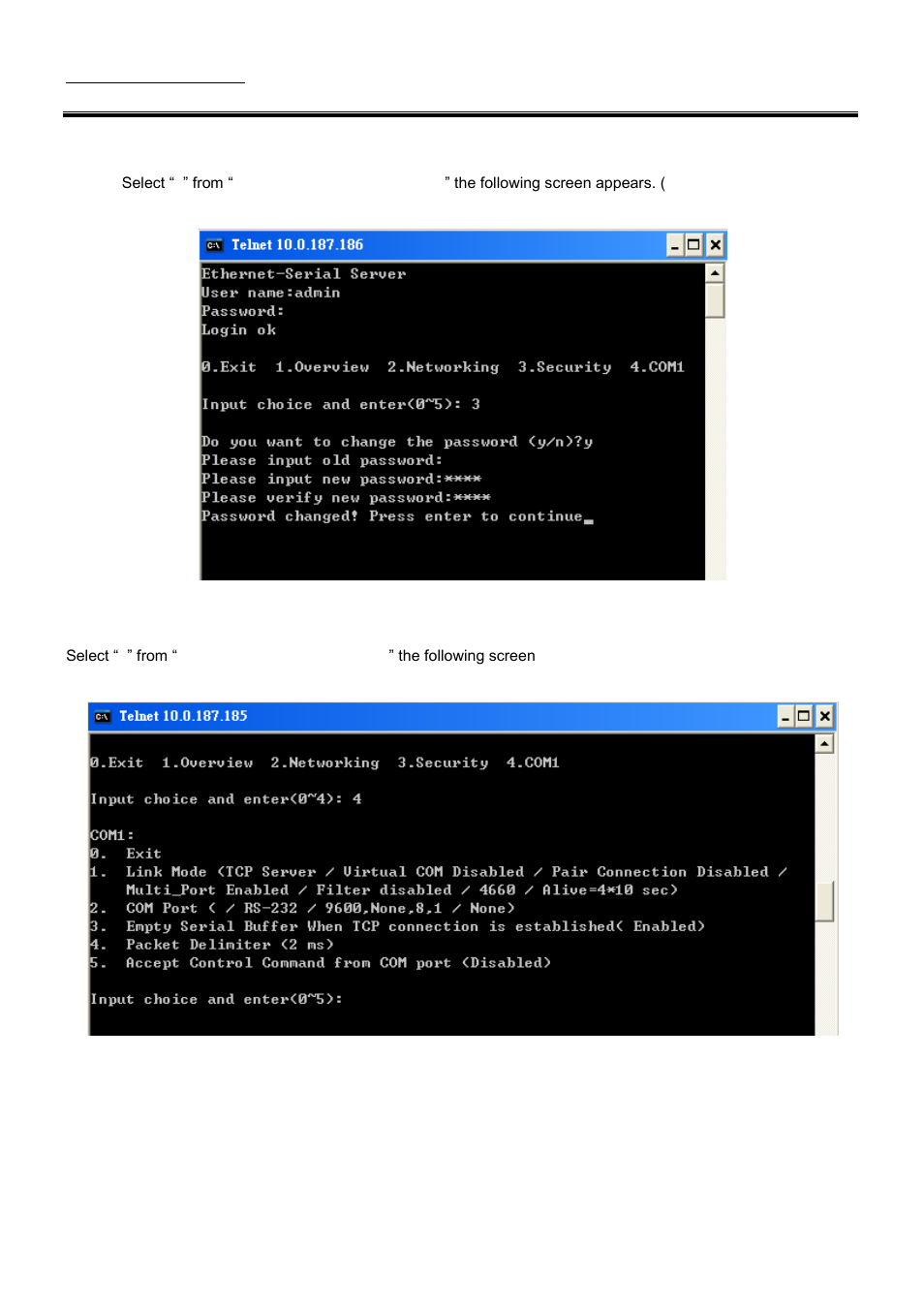 Change the password, Com1 setup | Atop Technology SE5001A User manual User Manual | Page 20 / 72