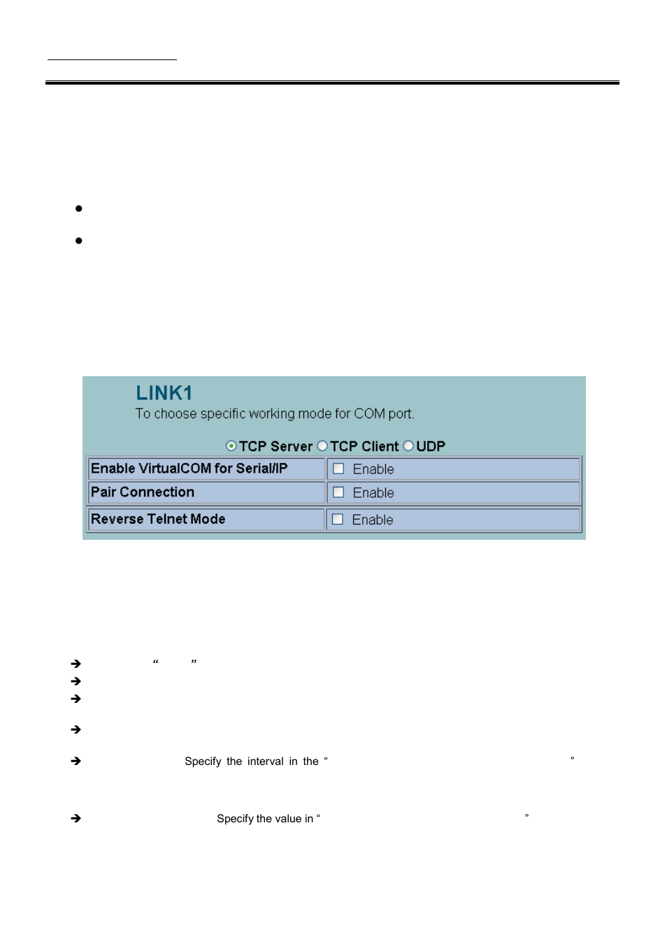 Backup eeprom to flash, Link mode configuration, Link mode: configure se5001a as a tcp server | Atop Technology SE5001A User manual User Manual | Page 34 / 72