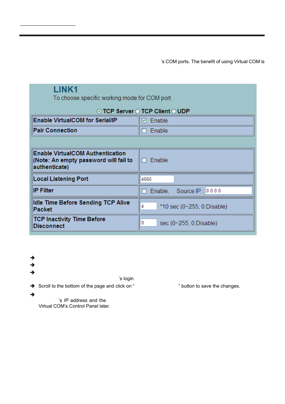 Tcp server application: enable virtual com | Atop Technology SE5001A User manual User Manual | Page 39 / 72