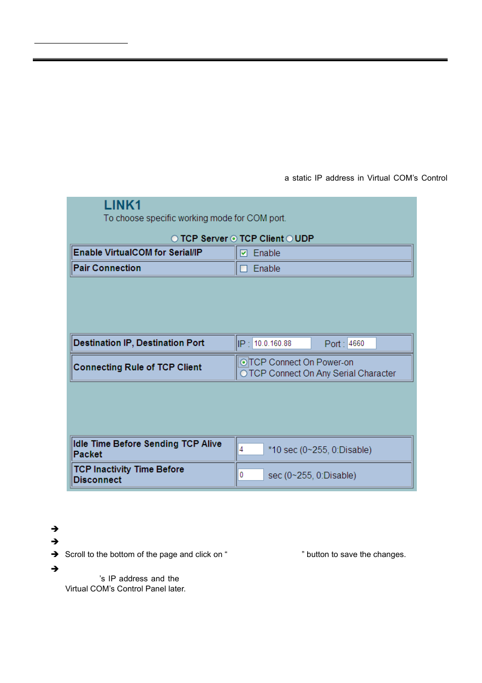Tcp server application: enable rfc 2217, Tcp client application: enable virtual com | Atop Technology SE5001A User manual User Manual | Page 40 / 72