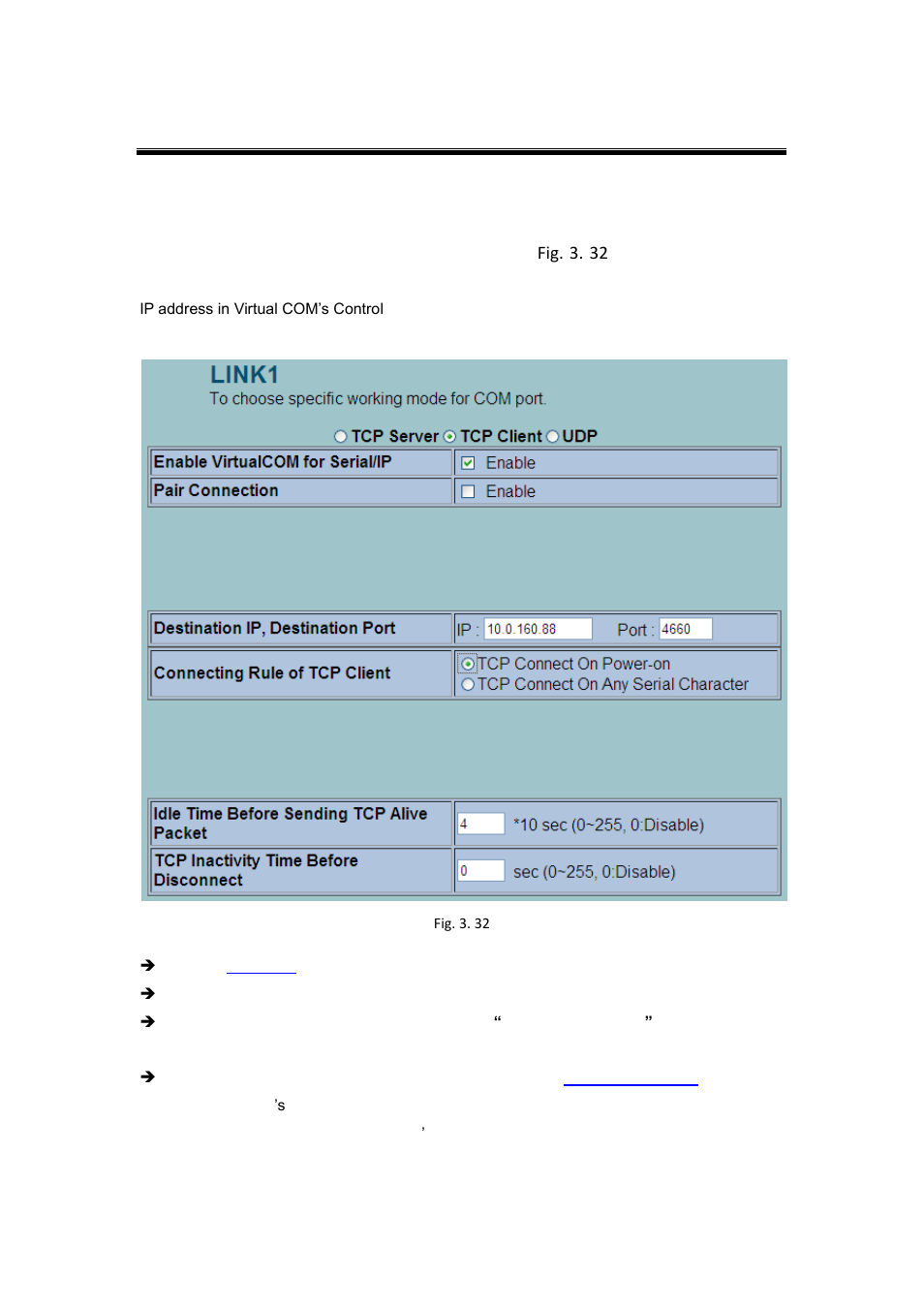 6 tcp client application, 1 enable virtual com, Tcp client application | Enable virtual com, Application configuration section, Fig. 3. 32 | Atop Technology SE5002D User manual User Manual | Page 55 / 87