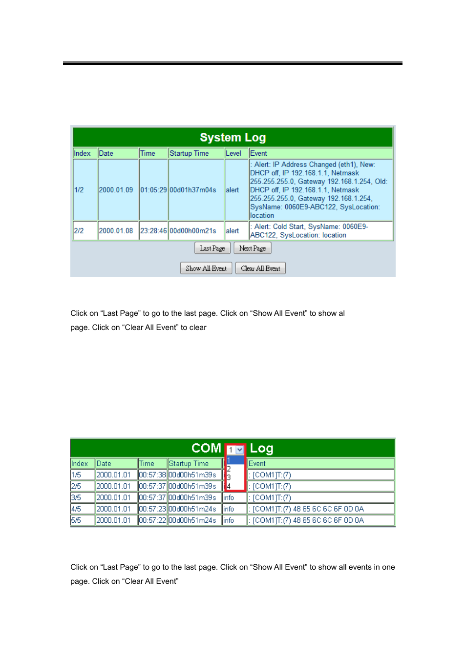 3 system log, 4 com log, System log | Com log | Atop Technology SE5416A User manual User Manual | Page 45 / 113