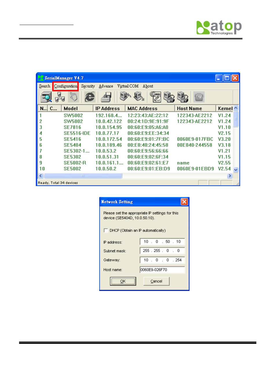 Onfiguration by, Erial, Anager | Tility, Static ip, 2 dhcp client (dynamic ip), 1 configuration by serial manager utility | Atop Technology SE5404D User manual User Manual | Page 17 / 97