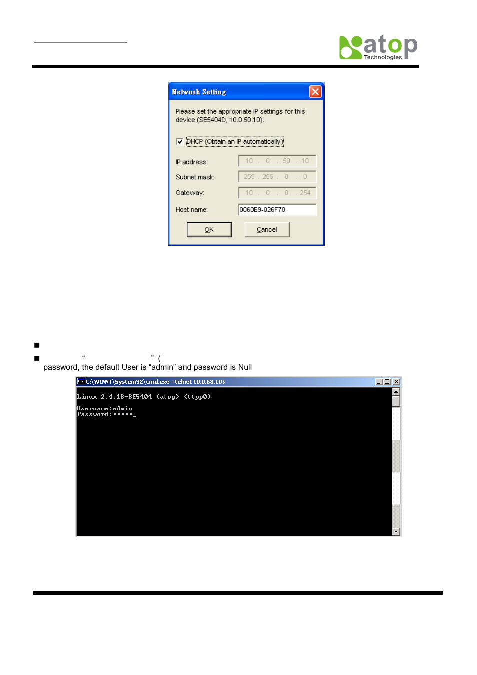Elnet, Onfiguration, 2 telnet configuration | Atop Technology SE5404D User manual User Manual | Page 18 / 97